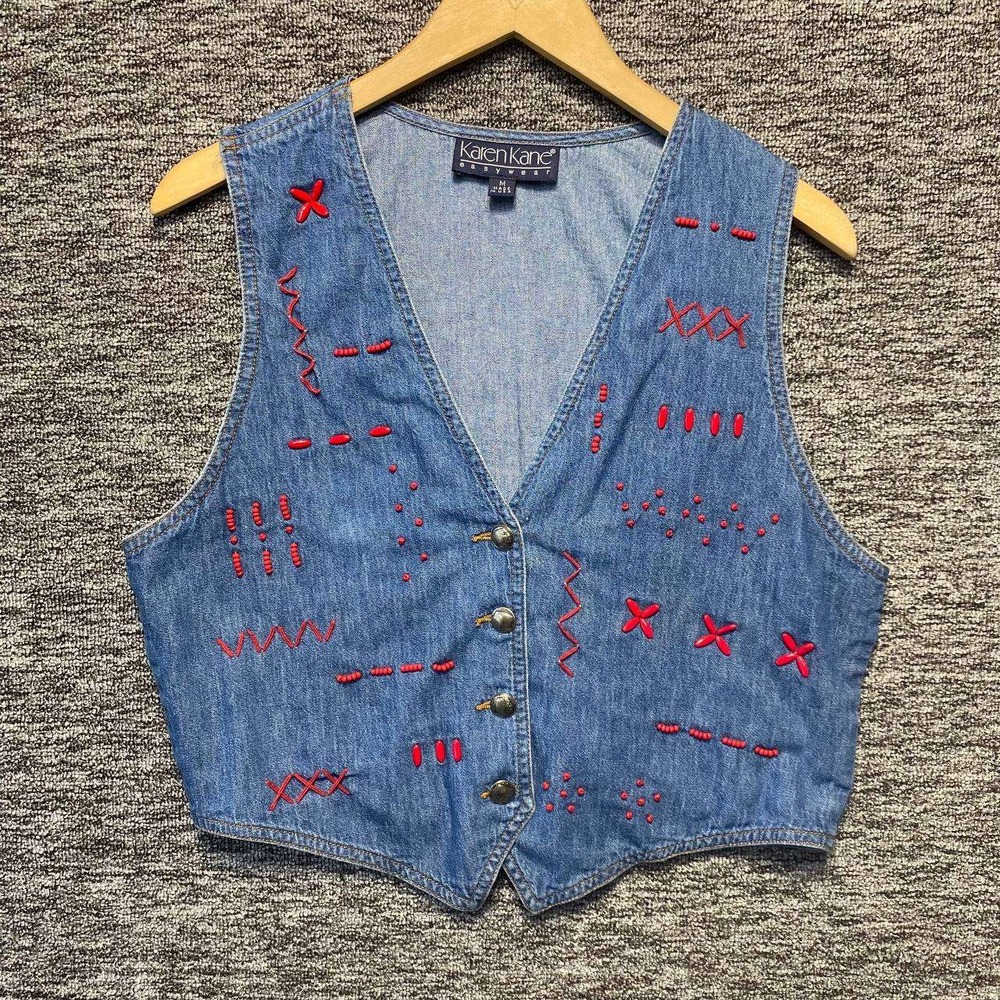 Karen Kane Denim Vest Women Medium Blue Red Embroidered Bead Western Boho 90s